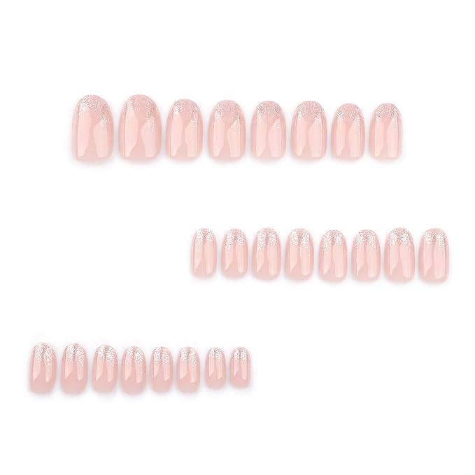 Gold Press On Nails Short Ovale, Gold Glitter Ombre Design False Nails Short, Reusable Stick On Fake Nails with Glue For Women, 12 Sizes-24 Salon Quality Nail Kit, Gift for Woman