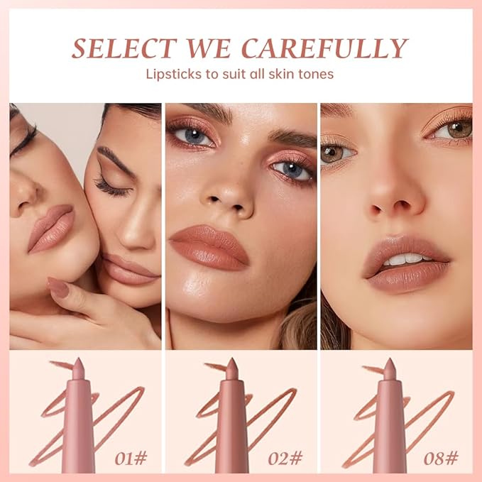 Matte Lip Liner Pencil Set 3 Pack, Long-Lasting Waterproof Lip Liners, Smudge-Proof and High Pigment Lip Liner Kit, Smooth Application for Defining & Shaping Lips, Non-Fading Matte Finish-1#