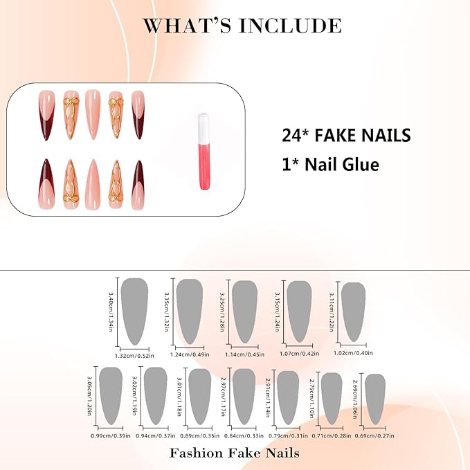 IMRAIN Press on Nails Long Stiletto Fake Nails Wine Red French Tips False Nails with 3D Golden Bow Designs Full Cover Glossy Glue on Nails Artificial Acrylic Nude Nail Press ons 24Pcs