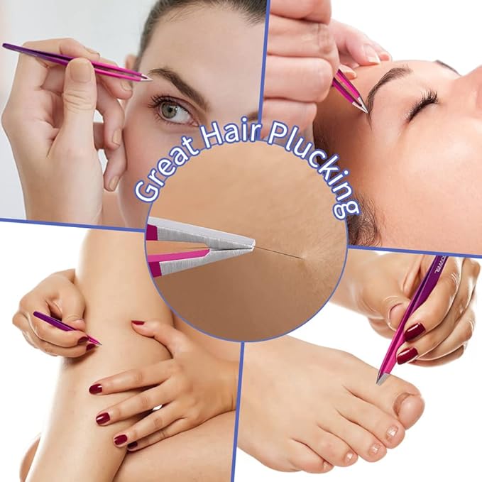 Eyebrow Tweezer Set, TsMADDTs 6PCS Tweezers Set for Women, Precision Tweezer for Eyebrows with Curved Scissor for Ingrown Hair, Hair Plucking Daily Beauty Tools (Pink&Purple)