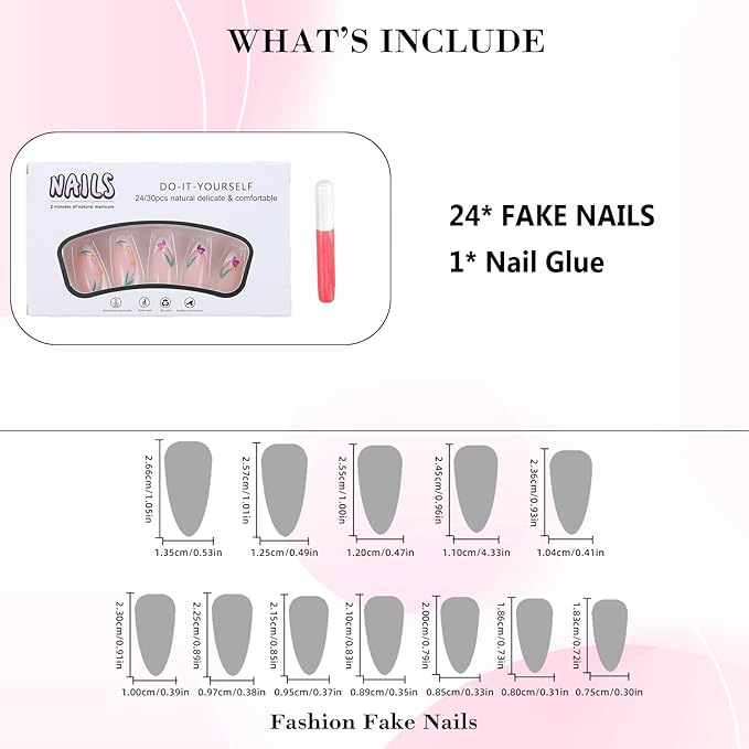 IMRAIN Medium Almond Press on Nails Flower French Tips Fake Nails Glossy Acrylic Nails Press ons with Floral Designs White Nail Kit Spring Summer Glue on Nails for Women 24Pcs