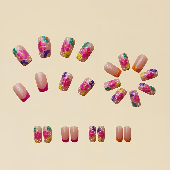 French Tip Press on Nails Short Square Fake Nails Flower Bow False Nails Pink Glossy Full Cover Acrylic Nails Spring Glue on Nail Artificial Cute Stick on Nail for Women Manicure 24Pcs