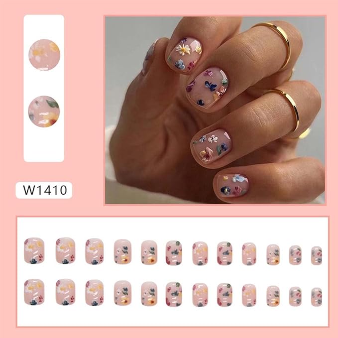 Square Press on Nails Short Fake Nails Nude False Nails with Flower Design Acrylic Artificial Nails Glossy Glue on Nails Full Cover Stick on Nails for Women Manicure Art 24Pcs