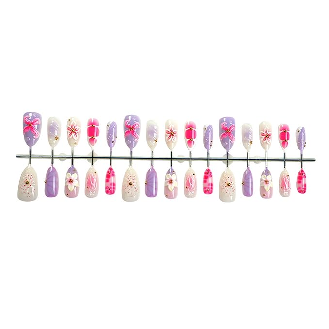 30Pcs Handmade Jelly Press On Nails Medium Almond Fake Nails Nail Art Tip Summer Holiday Pink 3D Flower Steel Design Gold Charms Nail Set, Floral Press Ons French Style Cute Artificial Nails for Women