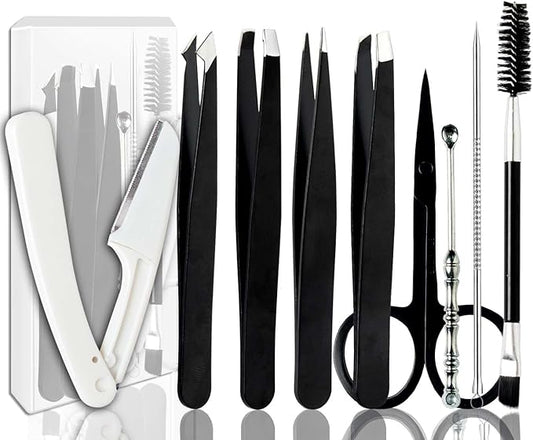 Tweezers Kit Tweezer for Women Facial Hair Removal Tweezers Professional Tweezers Set Eyebrow Tweezer, [9+1 PCS] Professional Stainless Steel Eyebrow for Women &Men,Black Beauty Sets