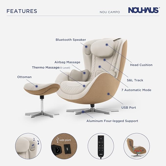 Nouhaus NOU Campo Heated Massage Chair,Full Body Massaging Zero-Gravity Leisure Recliner with Low-Noise 3D Massage and Dual Sound Systems Modern Massage Chairs (Elder White)