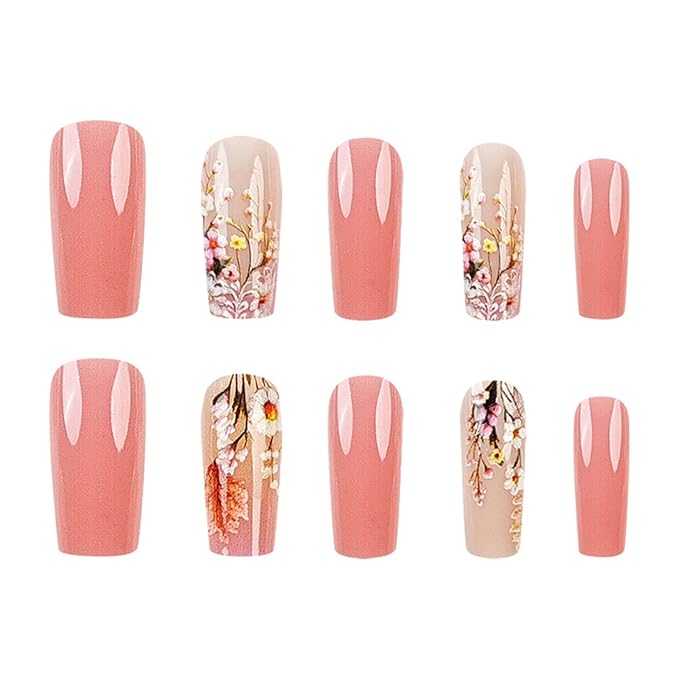 Flowers Press on Nails Medium Square Fake Nails Pink Floral False Nails Spring Acrylic Nails Press ons Glossy Flower Glue on Nails Full Cover Artificial Nails for Women Girls Manicure 24Pcs