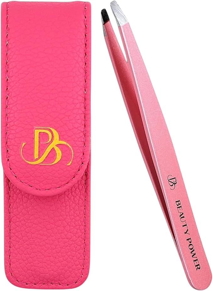 Professional Tweezers in Case - Slant, Durable Lightweight German Stainless Steel, Ultra Precision Tweezers for Eyebrows, Facial Hair, Chin, and Ingrown Hair Removal - Gift (Pink)
