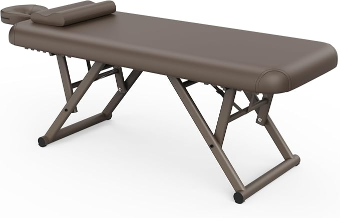 pouseayar Adjustable Massage Table with Face Pillow & Headrest, Sturdy and Solid, Silent and Easy to Adjust - Fixed Backrest, Brown