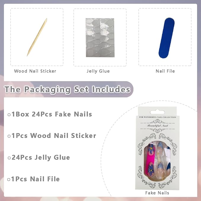 24Pcs Blue Flower Press on Nails Medium Almond Fake Nails with Pearl Water Ripple Designs French Tip False Nail Gold Beads 3D Flower Glue on Nail Summer Beach Stick on Nails for Women Girls
