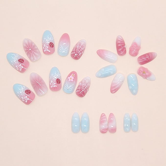 24Pcs Gradient Press On Nails Medium Almond Fake Nails 3D Ripple Bow Pearl Design Pink Flower Stick on Nail Beach Waves False Nails Cute Floral Acrylic Nails French Cute Artificial Nail for Women