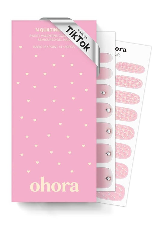 ohora Semi Cured Gel Nail Strips (N Quilting Pink) - Pink, Works with Any UV/LED Lamps, Salon-Quality, Long Lasting, Easy to Apply & Remove - Includes 2 Prep Pads, Nail File & Wooden Stick
