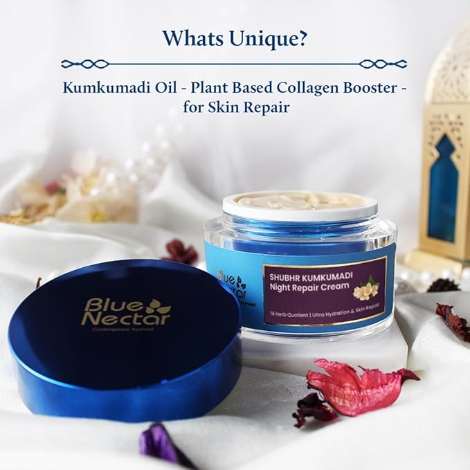 Blue Nectar Kumkumadi Night Face Cream Moisturizer with Natural Almond & Saffron | Facial Moisturizer for Skin Repair and Hydration (16 Herbs, 1.7 Fl Oz)