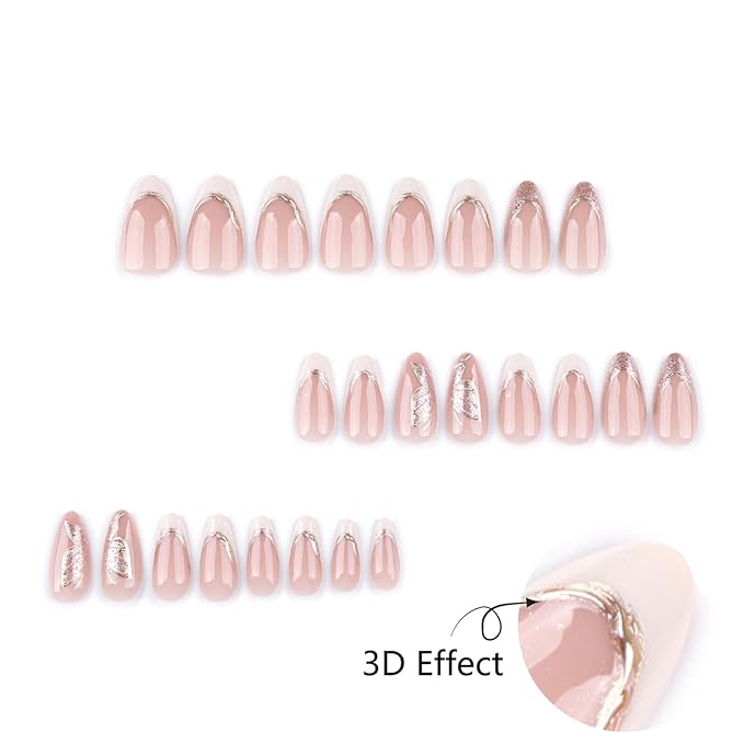 Medium Press On Nails Almond – Nude & White French Tips with Gold Foil and Glitter Accents, 24PCS Acrylic Fake Nails Kit with Glue and Tools, Elegant Glossy Stick On Nails for Women