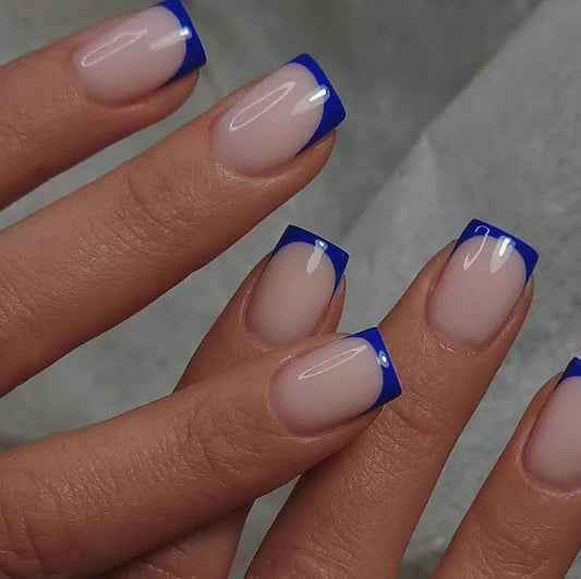 30 Pcs Royal Blue French Tip Press on Nails Short Square, Acrylic Fake Nails Press ons with Glue, Small Coffin Acrylic Natural Navy Blue Glue on Nails for Women, 15 Sizes