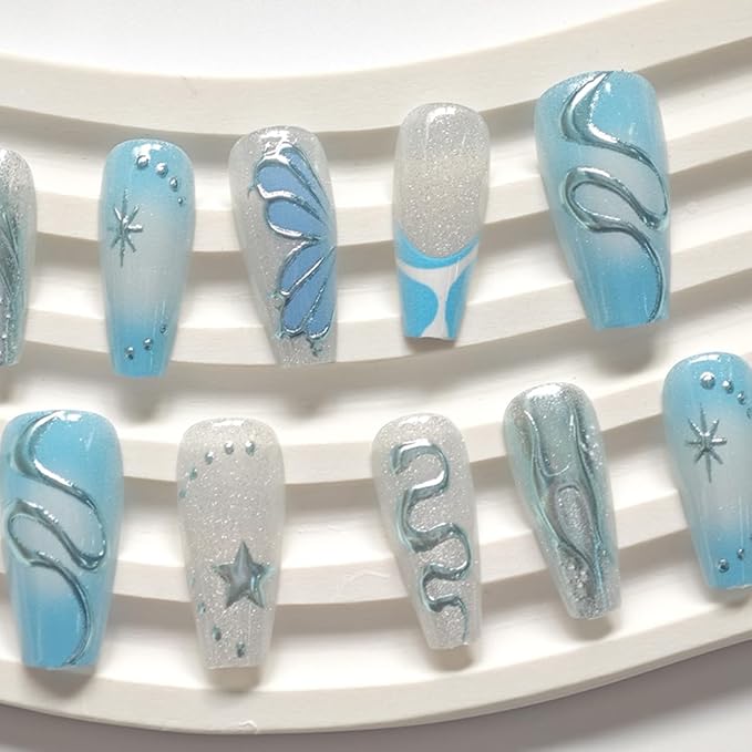 30Pcs Handmade Press on Nails Long Coffin Fake Nails Silver Snake Star with Rhinestones Glitter Design Full Cover Artificial Nails Y2k Glue on Nails Blue French Tip False Nails for Women Acrylic Nails