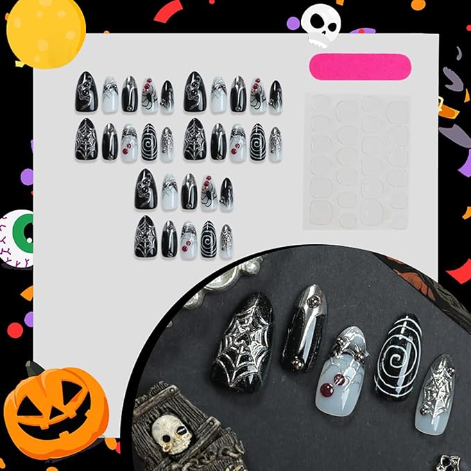 30Pcs Halloween Press on Nails Medium Almond French Tip Fake Nails Spider Web with 3D Gems Design Black Full Cover Artificial Gothic Glue on Nails Y2k False Nails Stick on Nail for Women