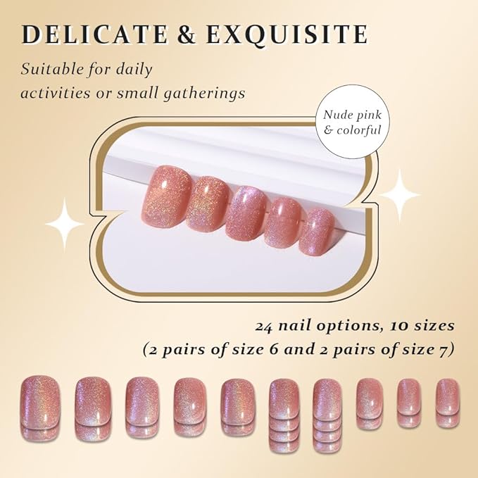evpct Ndue Pink Cat Eye Short Press on Nails Square, Short Square Glue on Nails for Women Gift, Iridescent Colorful Metallic Glitter Glossy Reusable Stick Gel Press on Acrylic Fake Nail with Design