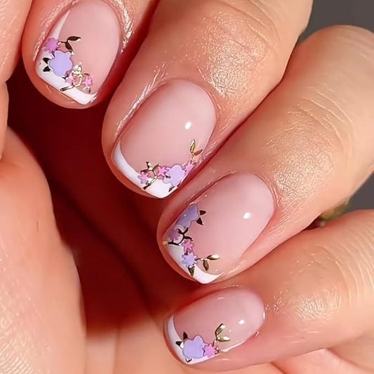 French Tip Nails - Short, Square, Flower Acrylic Nails, Gold Leaf, Squoval, Glossy, Nude, Nature, Stick On, 24 Pcs