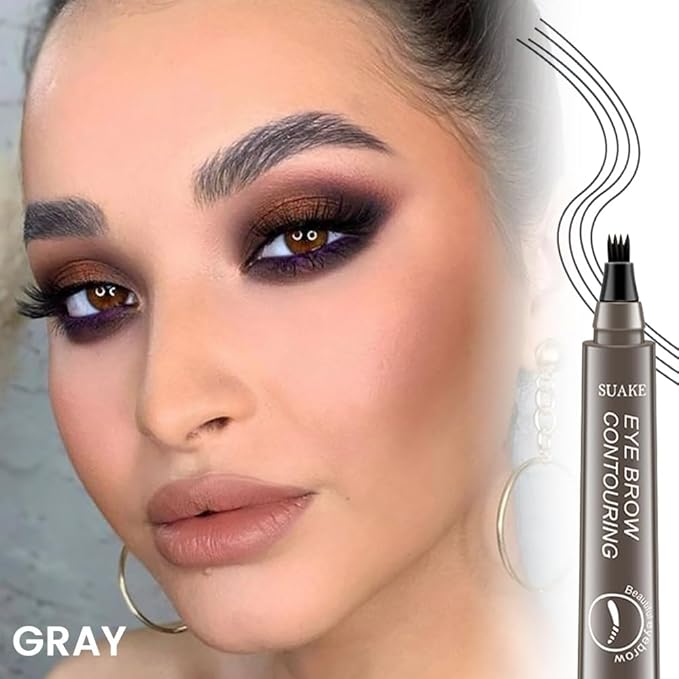 Eyebrow Ink Pencil by Brow Stylist -Micro 4 Point Brow Pen Lift & Snatch Eyebrow Pen Kits with 3 Eyebrow Stencil Long-Lasting Waterproof Natural Eyebrow Hair (B-2Pc 04# Gray)