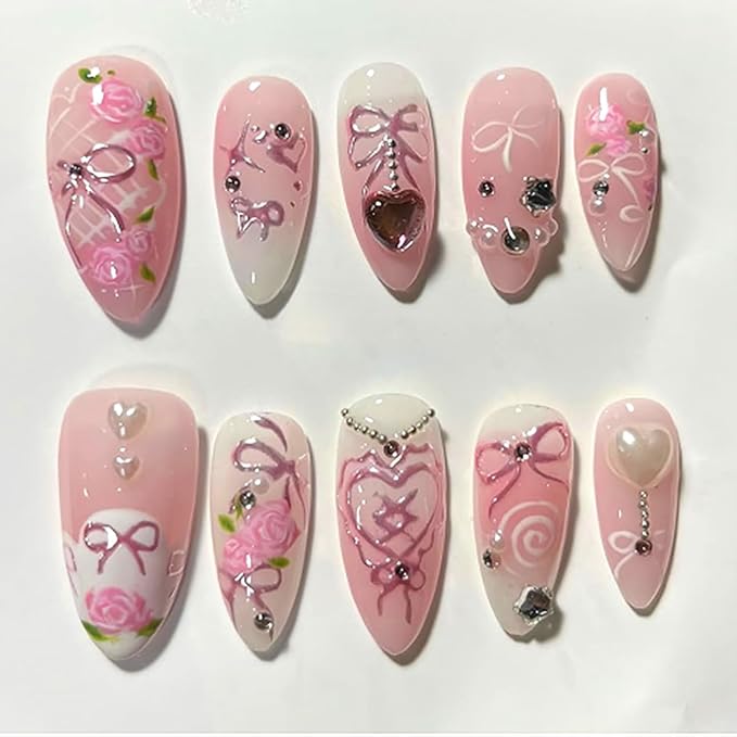24Pcs Pink Bow Press on Nails Medium Almond Fake Nails Romantic Rose with Sparkly Pearl Design Heart False Nails Spring Summer Stick on Nails Handmade Full Cover Artificial Glue on Nails for Women DIY