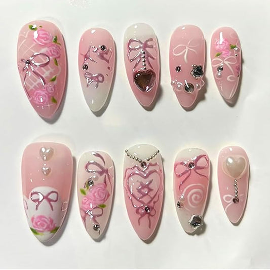 24Pcs Pink Bow Press on Nails Medium Almond Fake Nails Romantic Rose with Sparkly Pearl Design Heart False Nails Spring Summer Stick on Nails Handmade Full Cover Artificial Glue on Nails for Women DIY