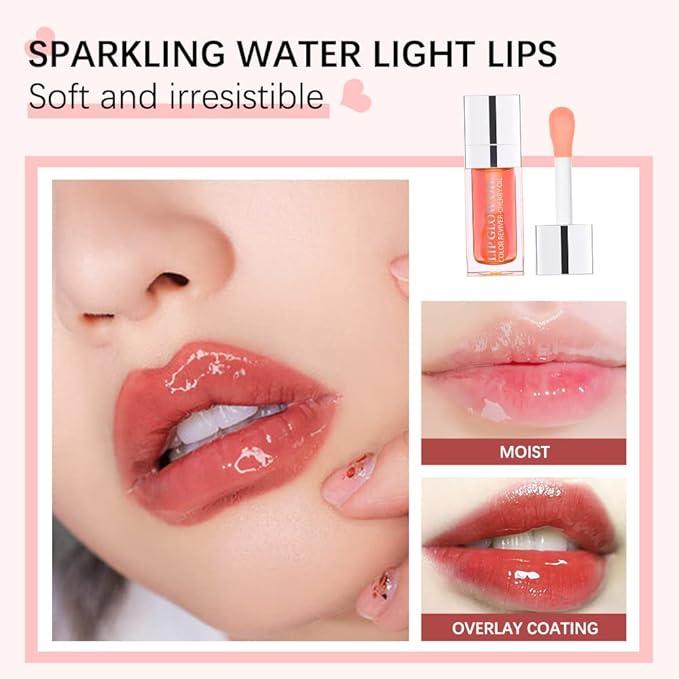 Hydrating Lip Glow Oil - Moisturizing, Plumping, Non-Sticky Long Lasting Gloss - Transparent Tinted to Reduce Lines (Pink(#001))