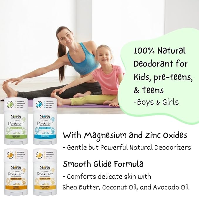 MONA Brands KIDS Deodorant for Girls, Boys, Preteens & Teens | Safe for Sensitive Skin - No Baking Soda, Aluminum or Synthetic scents | (2-PK HONEYDEW 1.76 Oz each)