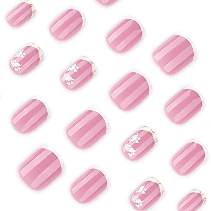 French Tip Press On Nails Spring Summer Acrylic Nails for Women - White Flower Designer Fake Nails Short Square 24Pcs, Outing/Party Reusable Glue On Stick On Nail Gift For Women