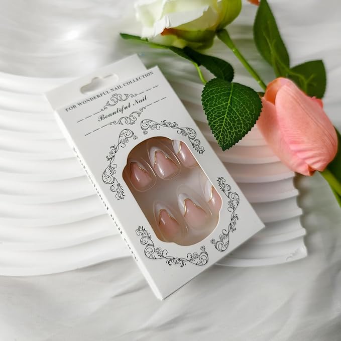 24Pcs Almond Press on Nails Short Fake Nails White French Tip False Nails with Gold Line Designs Glue on Nails Press ons 3D Acrylic Nail Nude Pink Glossy Full Cover Stick on Nails for Women Manicure