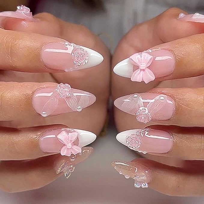 French Press on Nails Pink Medium, 3D Flower Fake Nails Almond Acrylic False Nails White,Artificial Nails for Women and Girls 24pcs