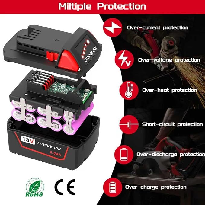2 Pack 6.5Ah 18V Batteries Replace for Milwaukee M18 Battery Lithium lon 48-11-1860 48-11-1850, Compatible with m18 Milwaukee Battery Charger and 18 Volt Cordless Power Tools