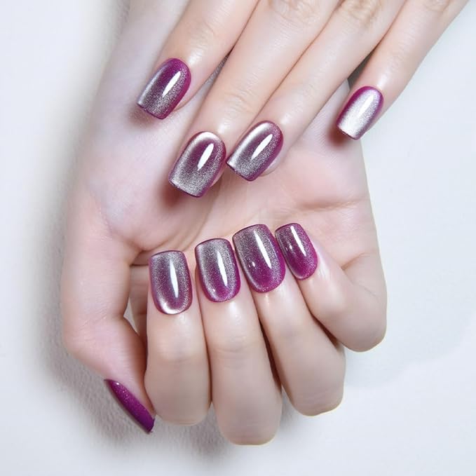evpct Light Purple Cat Eye Extra Short Press on Nails Square, Petite Short Square Glue on Nails for Women Gift, Magenta Purple Holographic Glitter Glossy Reusable Gel Press on Acrylic Fake Nail