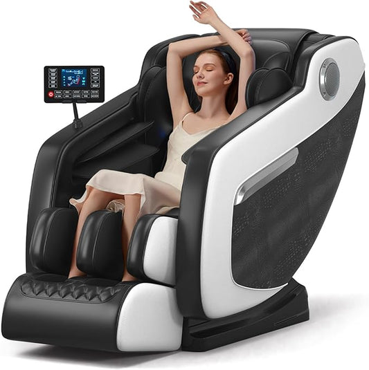 Massage Chair Full Body Zero Gravity, Massage Recliner with Air Pressure, 10 Fixed Massage Rollers, Heating, Foot Roller, Bluetooth Speaker, for Home Office Men Women (Black)