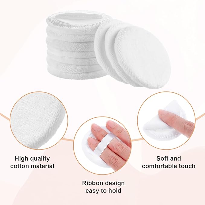 10Pcs 100% Cotton Round Dusting Powder Puff, White Round Velour Makeup Powder Puff, 2.4 Inch Soft Velour Foundation Puffs, Body Face Powders Puffs with Ribbon for Loose and Foundation