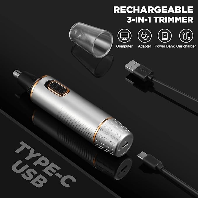 Nose Hair Trimmer for Men Rechargeable 3-IN-1 Versatile Professional Painless Trimmer for Nose, Ear, Beard, Facial, Pubic Hair - Wet or Dry Use, Dual Edge Blades