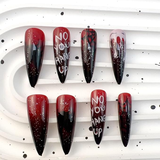 Halloween Press on Nails Long Almond Fake Nails Dark Red False Nails Black Spider Web White Dripping Blood Design Gradient Glue on Nail Glitter Stick on Nail for Women Decor Manicure Supplies