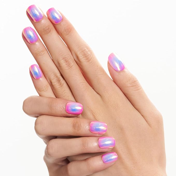 GLAMERMAID Extra Short Press on Nails 24PCS, Pink Blue Aurora Chrome Fall Gel Glue on Nails, Glossy Round Reusable UV Finish Fake Nails Acrylic False Nails Manicure Kits for Women
