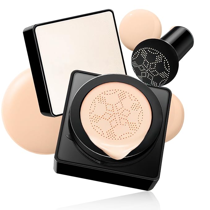 Air Cushion CC Cream Mushroom Head - Moisturizing & Oil Control Screw Lid Concealer Makeup Base, Primer Liquid Foundation Long Lasting with Mushroom Makeup Sponges for All Skin Types (Natural)