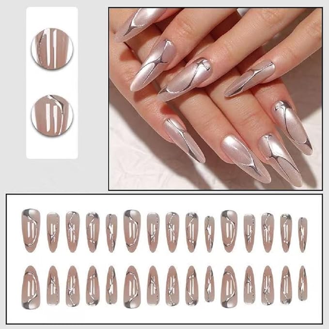 30 Pcs Long Press on Nails Almond Fake Nails Cat Eye Design Glue on Nails 3D Silver Line Glossy Acrylic Nails Full Cover Stick on Nails for Women 24 Pcs
