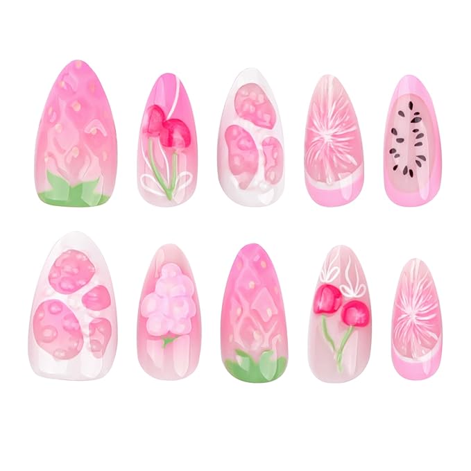 24Pcs Cherry Press on Nails Medium Almond Fake Nails with 3D Water Drop Grape Orange Design Pink Gradient Pitaya Full Cover Acrylic False Nails Ombre French Tip Summer Glue on Nails for Women