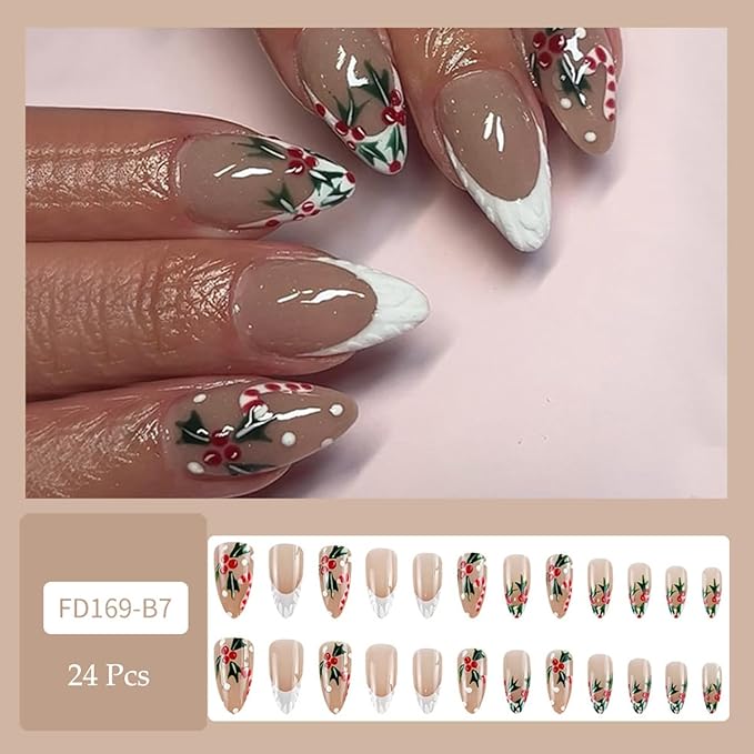 24Pcs Christmas Press on Nails Medium Almond Fake Nails with Xmas Holly Candy Designs 3D Embossed French Tip False Nail Full Cover Acrylic Nails Cute Snowflake Christmas Stick on Nail for Women