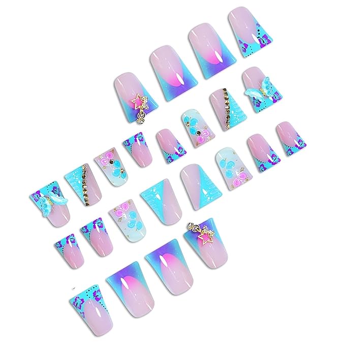 Duck Press on Nails Medium Fake Nails with 3D Flower Butterfly Star Rhinestones DesignsGradient French Tip Nails Press ons Glossy Glue on Nails for Women 24Pcs