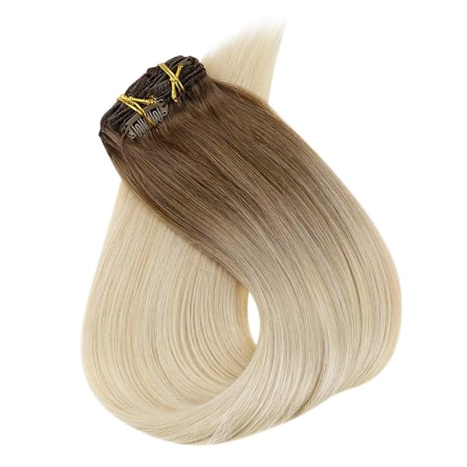 Full Shine Ombre Clip in Blonde Human Hair Extensions 16 Inch Straight Hair Clip in Extensions Dark Brown to Bleach Blonde 120 Grams 16 Inch