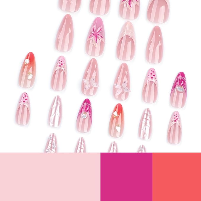 24Pcs French Tip Press on Nails Medium Almond Fake Nails with 3D Designs Seashell Stick on Nails Summer Flower False Nails Butterfly Charms Acrylic Nails Cute Pearl Glue on Nails for Women Nail Kit
