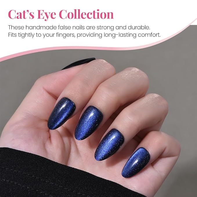 evpct Dark Blue Press on Nails Almond Short, Royal Blue Cat Eye Glitter Press on Nails for Women Gift, Soft Gel Press Glue On Nail with Nail Glue, Full Cover, 30Pcs Reusable Acrylic Fake Nails Kit