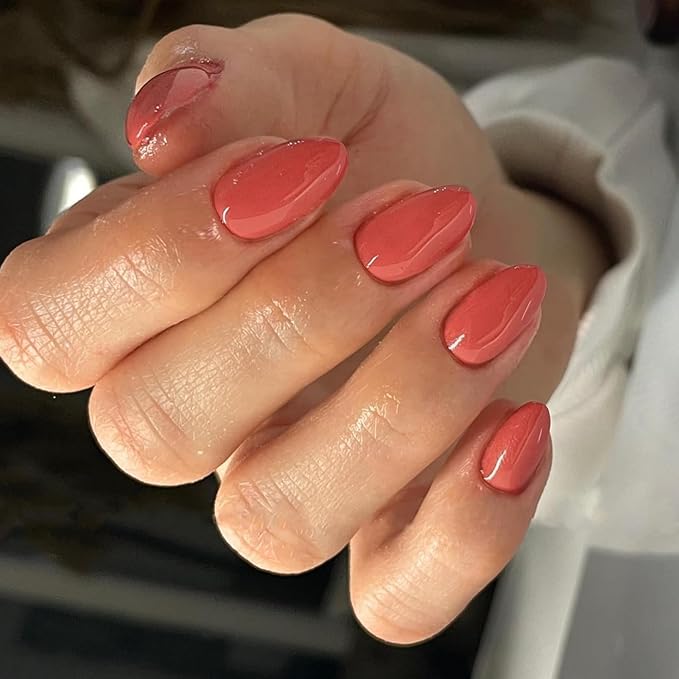 Orange Press on Nails Short Oval Fake Nails Press ons, Thick Solid Color Glue on Nails Short False Nails, Short Almond Nails Oval Round Shaped Nails for Women, 24Pcs Natural Acrylic Gel Nails