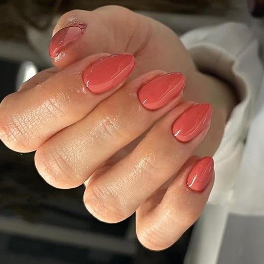 Orange Press on Nails Short Oval Fake Nails Press ons, Thick Solid Color Glue on Nails Short False Nails, Short Almond Nails Oval Round Shaped Nails for Women, 24Pcs Natural Acrylic Gel Nails