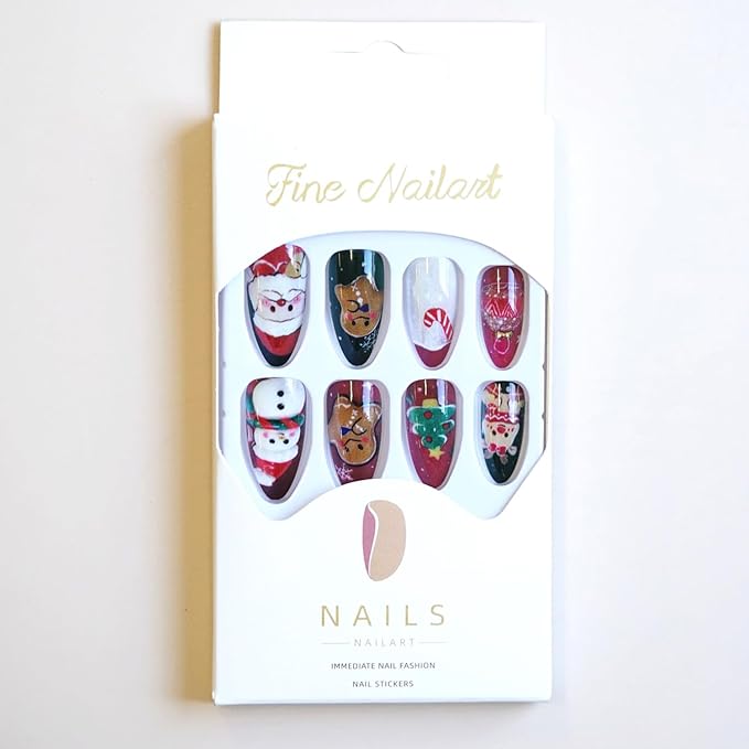 24Pcs Christmas Press on Nails Medium Almond Fake Nails with Cute Santa Claus Candy Canes Design Xmas Red Green Elk Gingerbread Man Snowman False Nail Tips Handmade Nails for Women