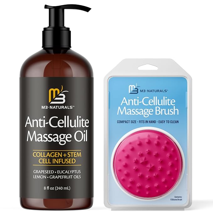 M3 Naturals Anti Cellulite Massage Oil and Silicone Body Brush – Collagen and Stem Cell Skin Tightening Formula for Smoothing and Firming – 8 Fl Oz